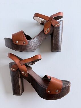 Target Brown Leather Platform Sandals with Wood-Effect Block Heel